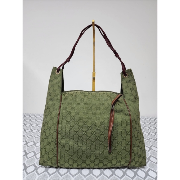 Gucci Handbags - Gucci GG Canvas Zip Shoulder Bag Green/Brown